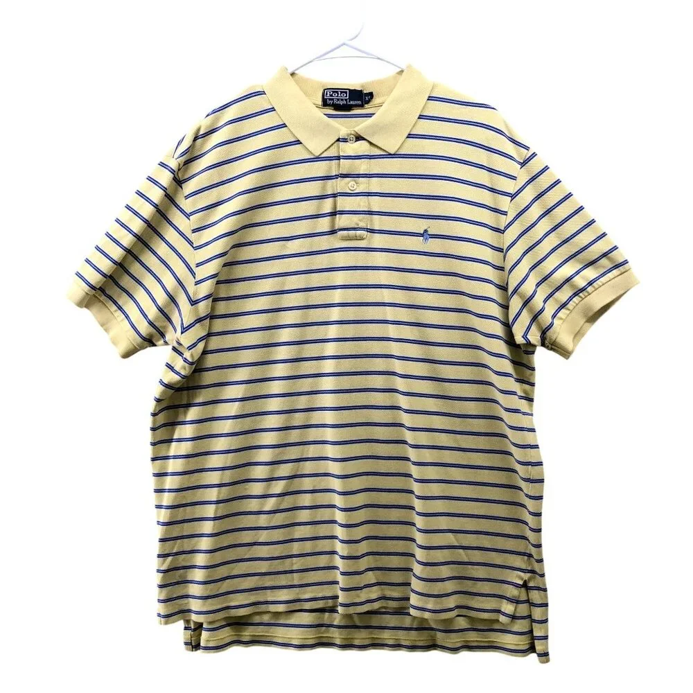 Polo Ralph Lauren Short Sleeve Polo Shirt Mens XL Yellow‎ Blue Stripe Pony Logo
